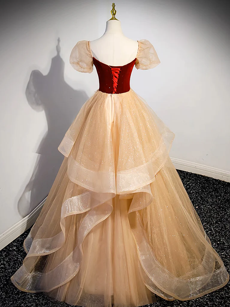 A-Line Tulle Velvet Champagne Long Prom Dress, Champagne Long Formal Dress - Deanwangkt