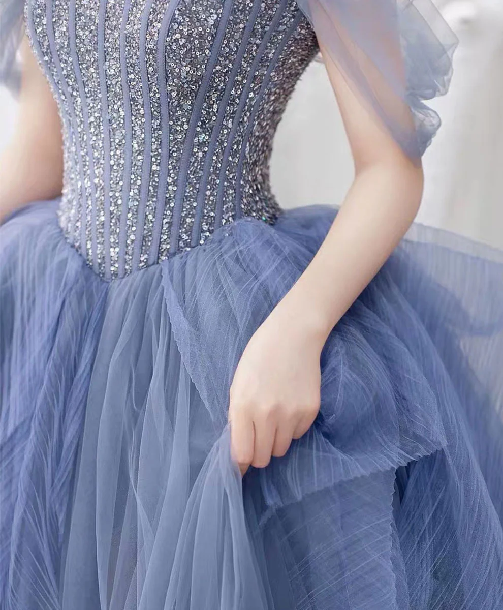 Blue Sweetheart Neck Tulle Beads Sequin Long Prom Dress,Blue Graduation Dress - Deanwangkt