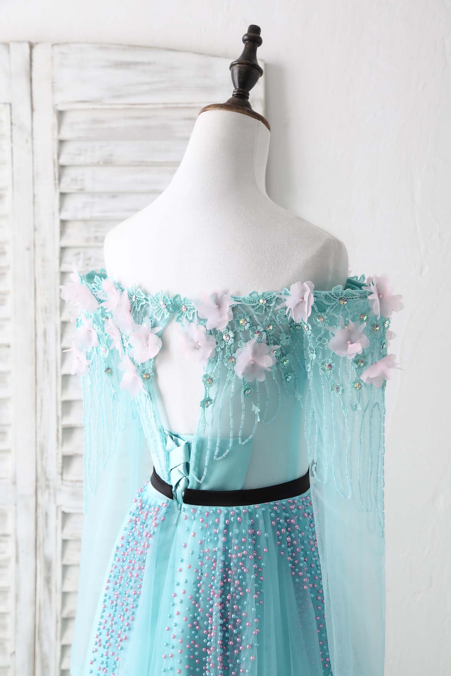 Blue Tulle Beads Long Prom Dress Blue Beads Evening Dress - Deanwangkt