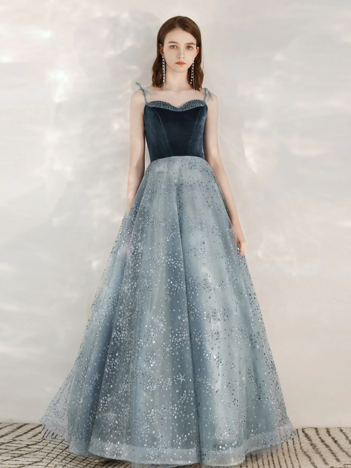 A-Line Sequin Tulle Blue Long Prom Dresses, Tulle Formal Dress with Velvet - Deanwangkt