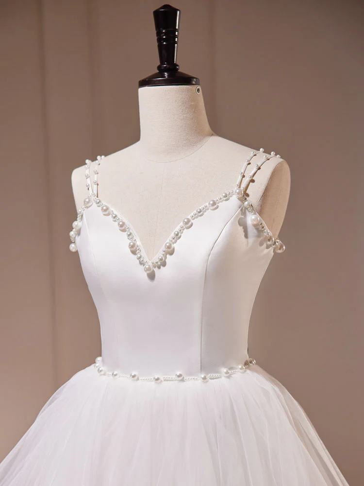 White A-Line Tulle Long Prom Dress, White Tulle Sweet 16 Dresses - Deanwangkt