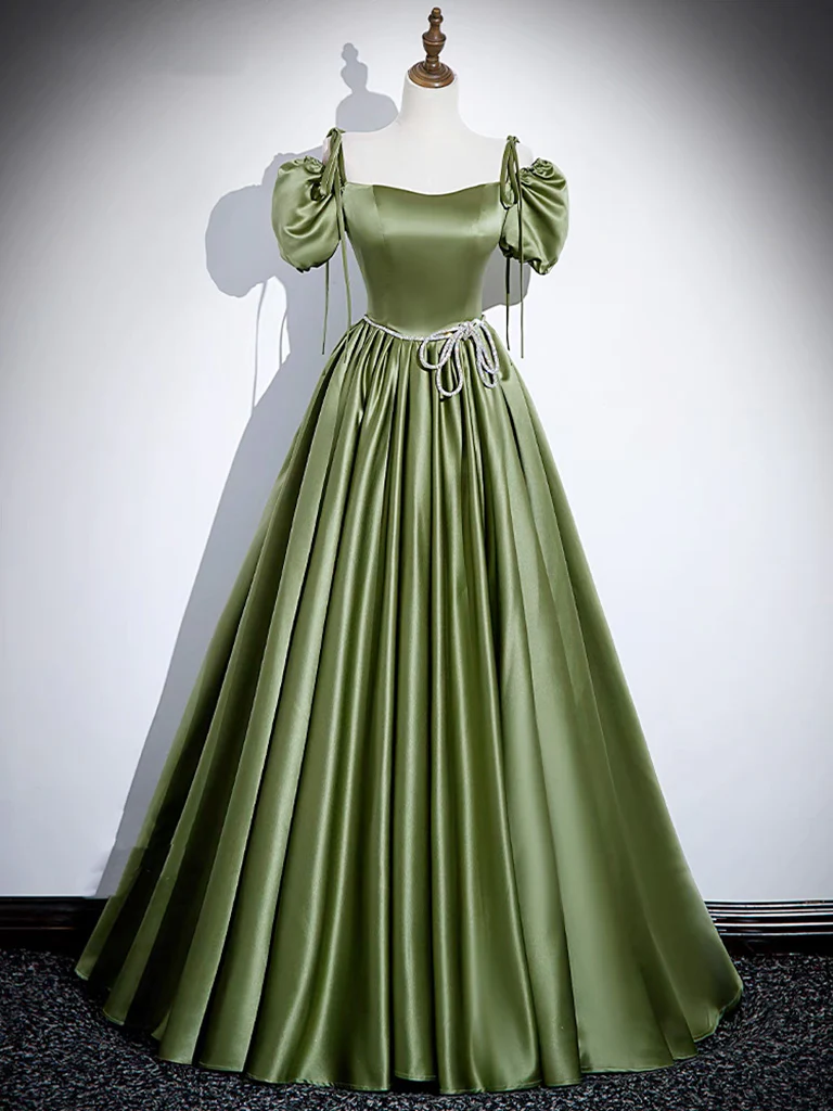 A-Line Satin Green Long Prom Dress, Green Formal Evening Dress - Deanwangkt