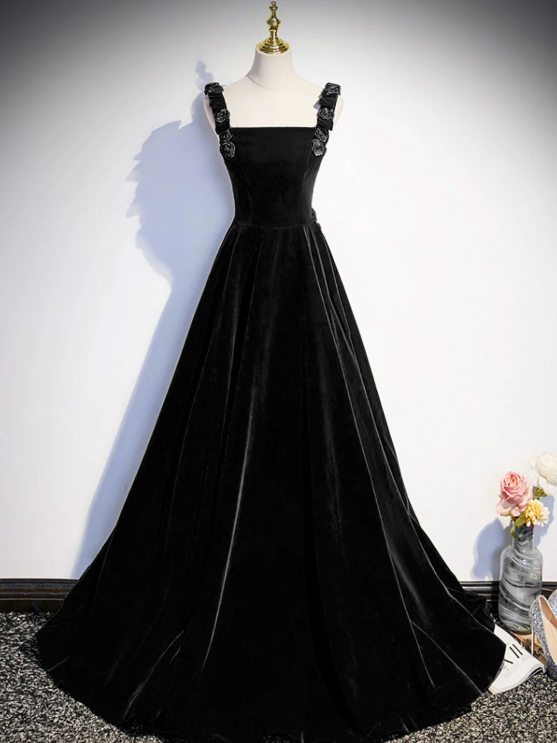 A-Line Velvet Green Long Prom Dresses, Green Formal Evening Dresses - Deanwangkt
