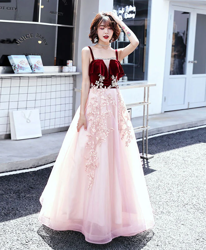 Pink Sweetheart Tulle Lace Long Prom Dress, Pink Evening Dress - Deanwangkt