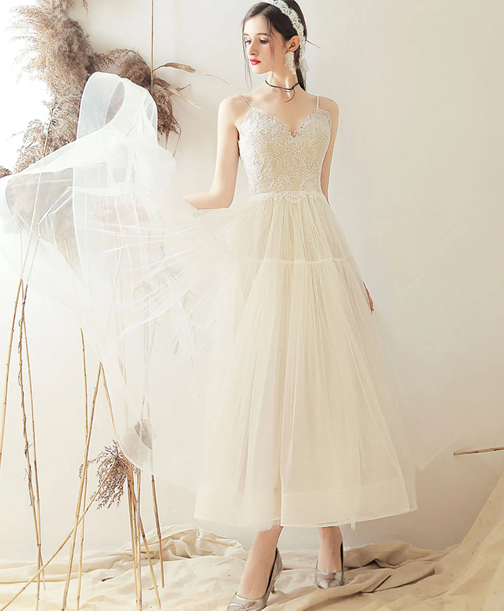 White Sweetheart A Line Tulle Tea Length Prom Dress Bridesmaid Dress - Deanwangkt