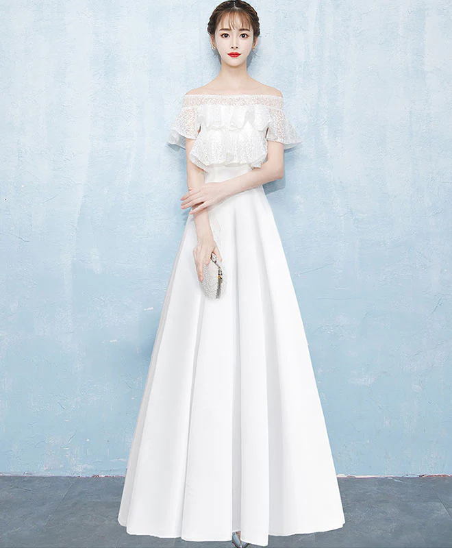 White A-Line Lace Satin Long Prom Dress, White Evening Dress - Deanwangkt