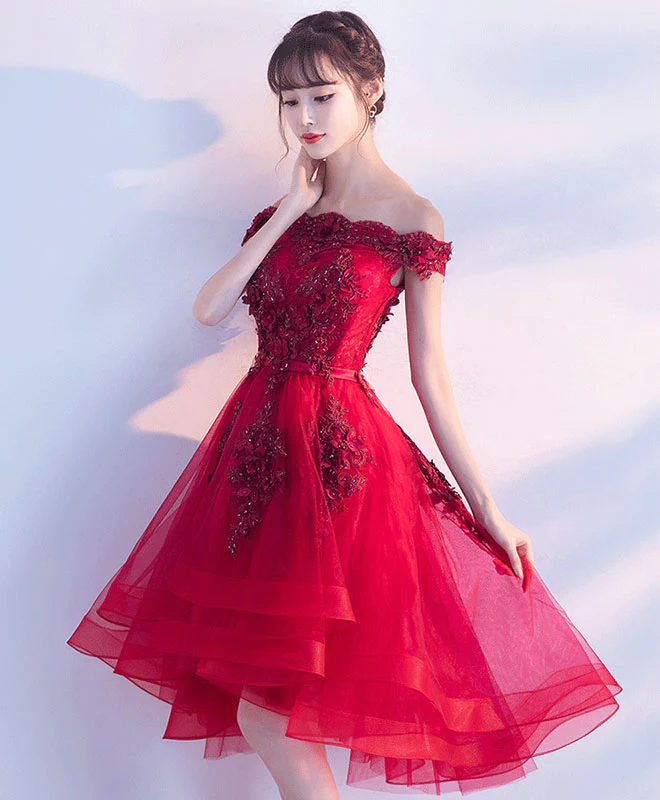 Cute Burgundy Lace Tulle Short Prom Dress, Burgundy Party Dress - Deanwangkt