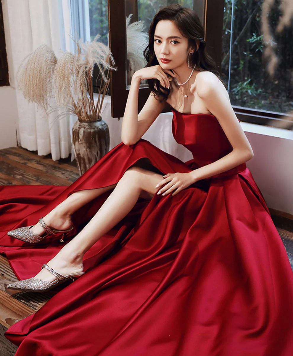 Simple Burgundy Satin Long Prom Dress, Long Bridesmaid Dress - Deanwangkt