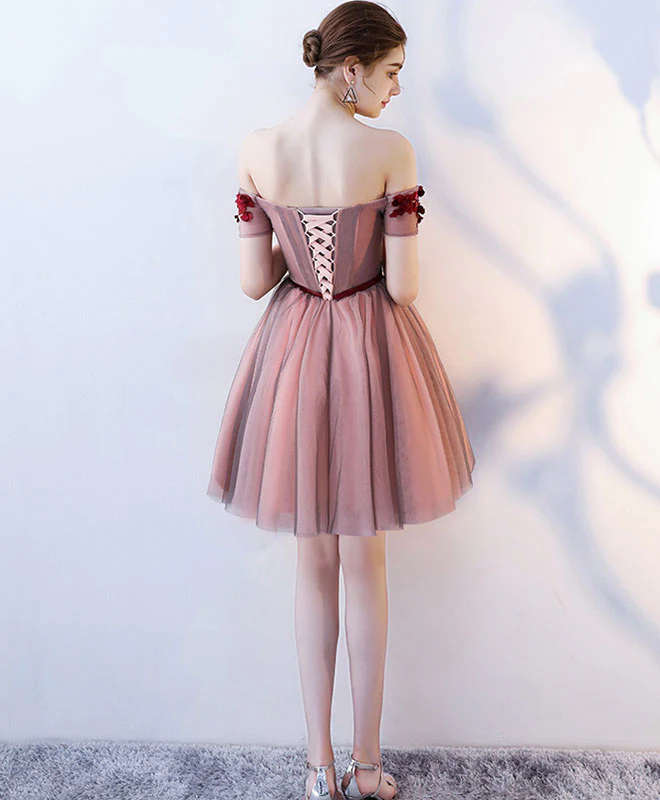 Burgundy Tulle Off Shoulder Short Prom Dress, Burgundy Homecoming Dress - Deanwangkt