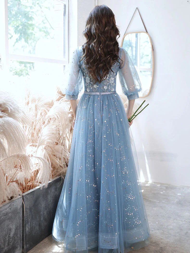 Blue Tulle Lace Sequin Long Prom Dress, A-line Blue Evening Dress - Deanwangkt