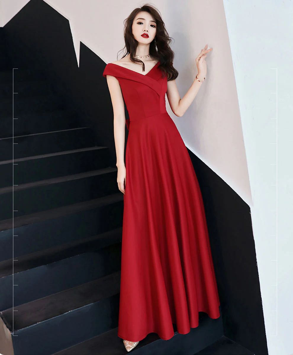 Red V Neck Long Prom Dress, Red Formal Party Dress - Deanwangkt