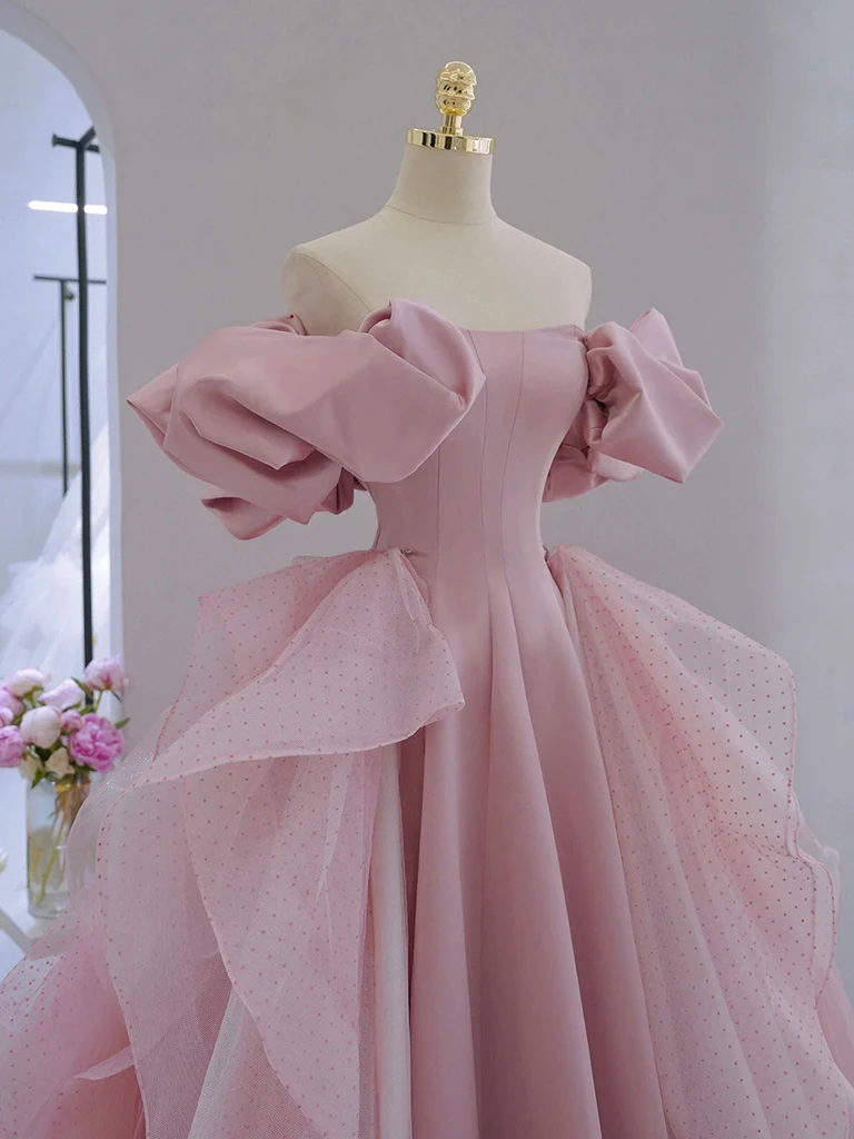 A-Line Satin Tulle Pink Long Prom Dress. Pink Long Evening Dress - Deanwangkt