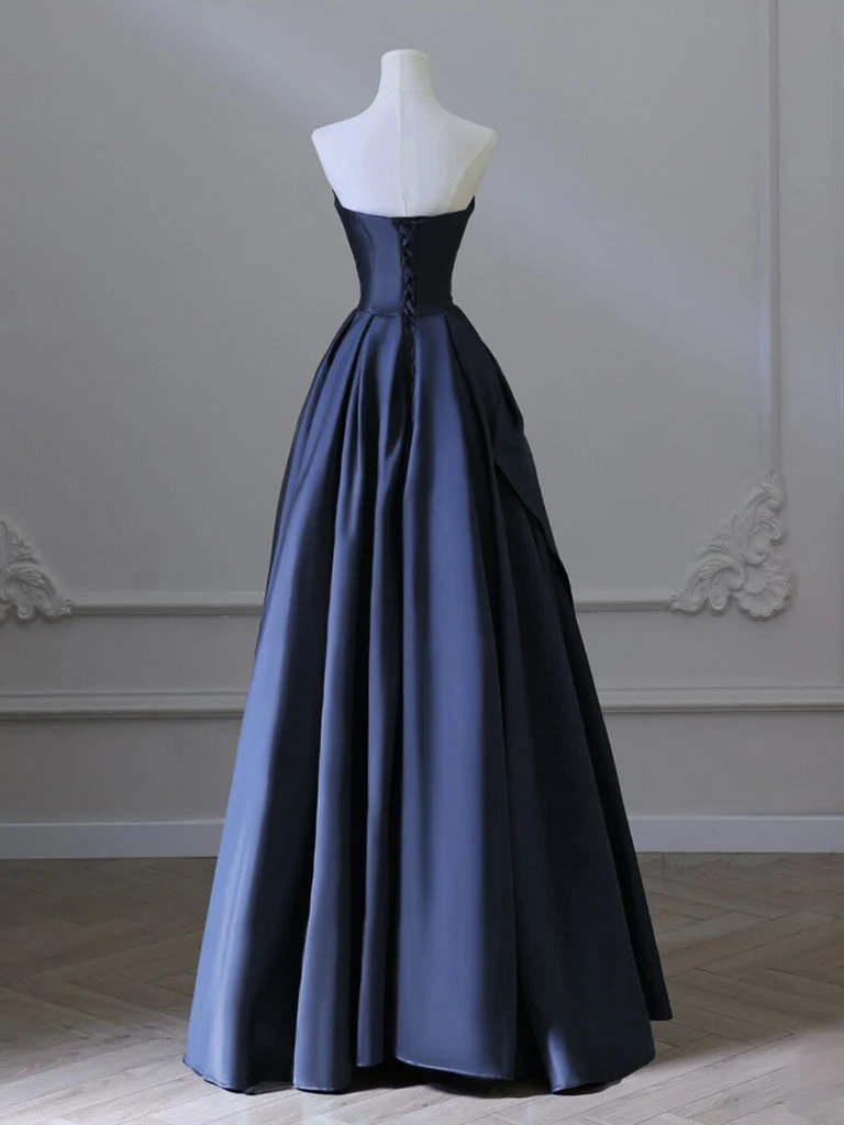 A-Line V Neck Satin Dark Blue Long Prom Dress, Dark Blue Long Formal Dress - Deanwangkt