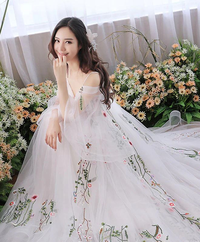White V Neck Tulle Lace Applique Long Prom Dress, White Evening Dress - Deanwangkt