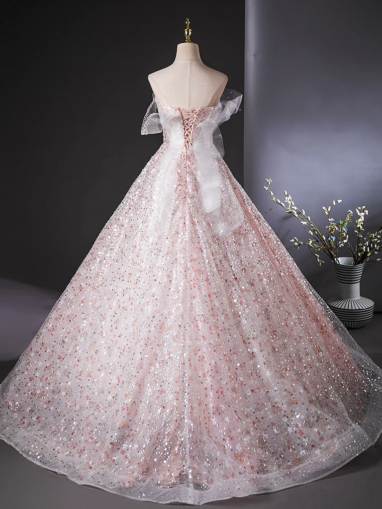 A-Line Tulle Lace Sequin Pink Long Prom Dress, Pink Long Evening Dress - Deanwangkt