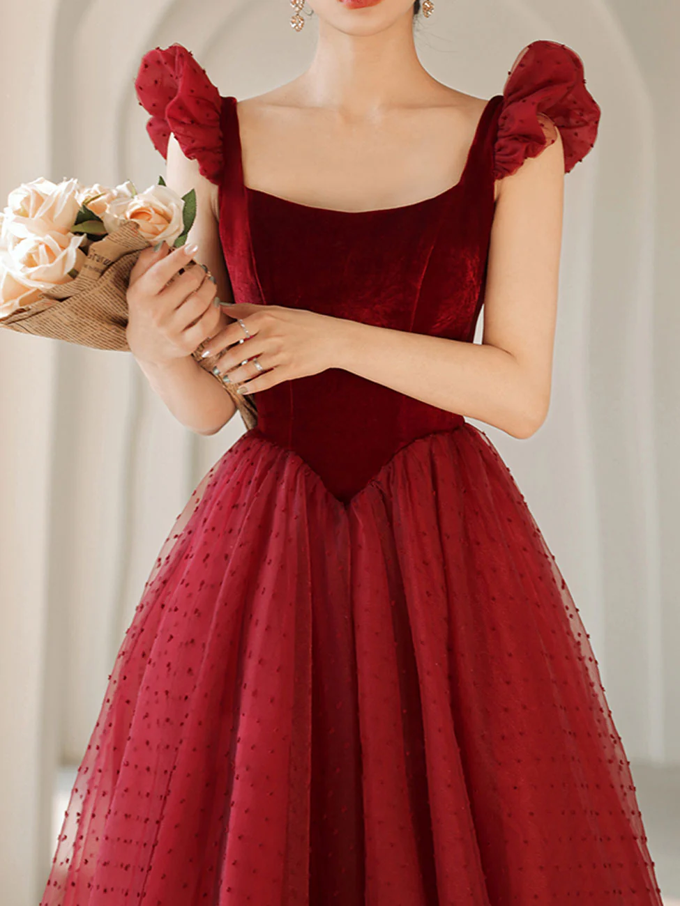 Burgundy Aline Tea Length Prom Dresses, Burgundy Formal Dress With Velvet - Deanwangkt