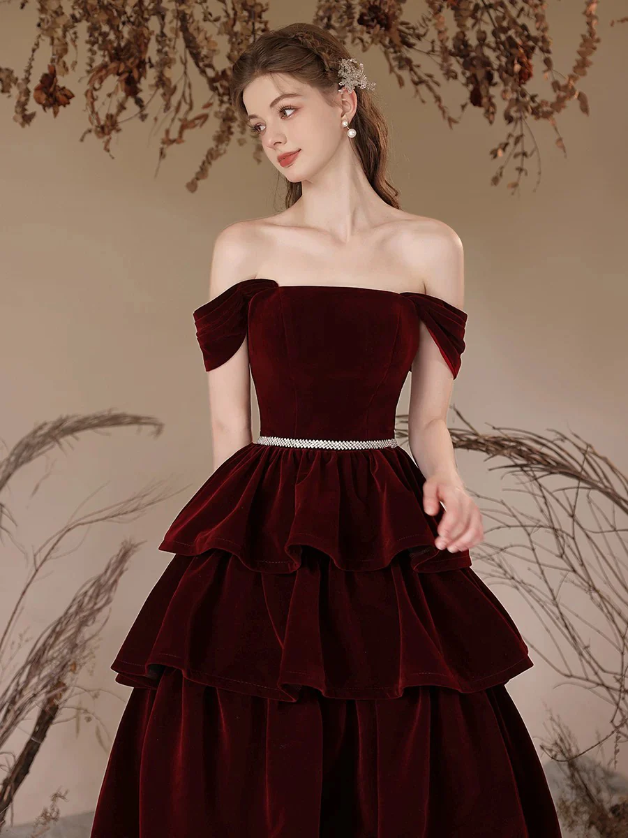 A-Line Off Shoulder Velvet Burgundy Long Prom Dress, Burgundy Long Formal Dress - Deanwangkt
