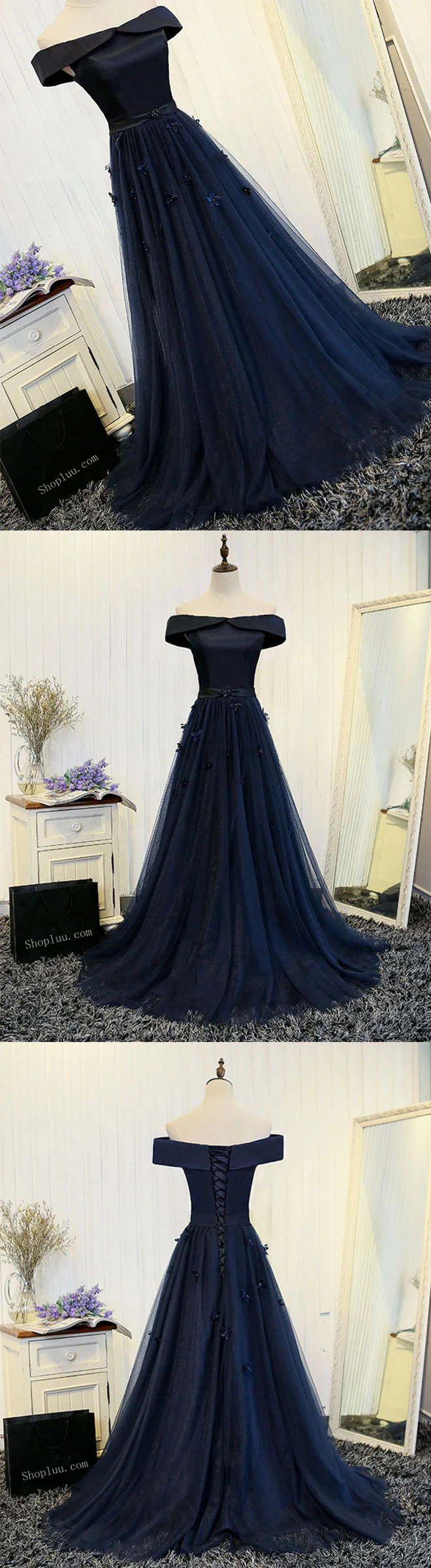 Dark Blue Off Shoulder Long Prom Dress, Evening Dress - Deanwangkt