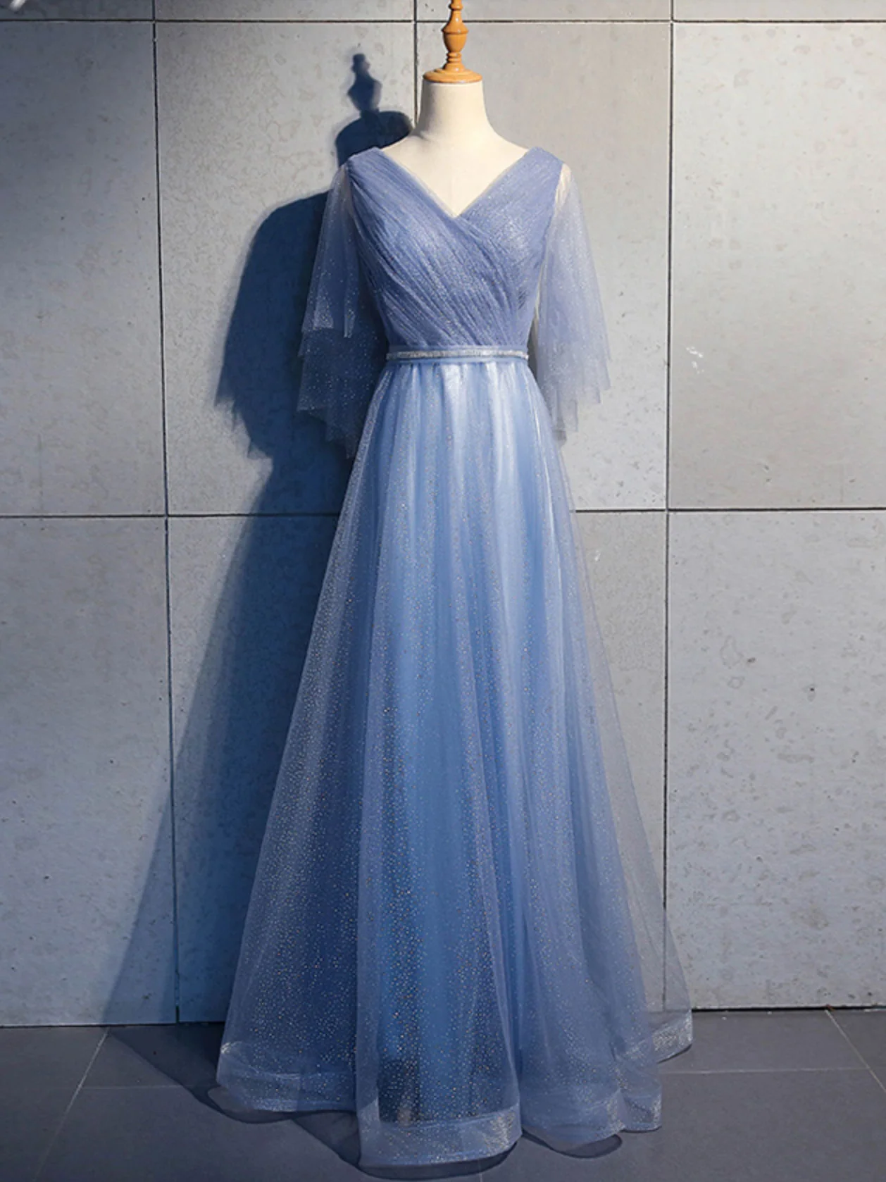 Simple V Neck Tulle Sequin Long Prom Dress, A line Tulle Evening Dresses - Deanwangkt