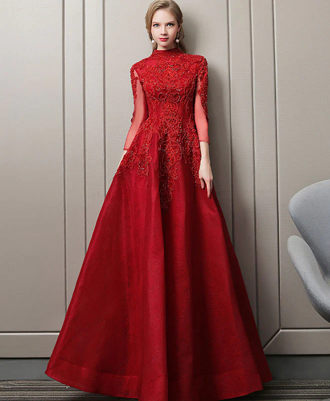 Burgundy Lace Long Prom Dress, Burgundy Evening Dress - Deanwangkt