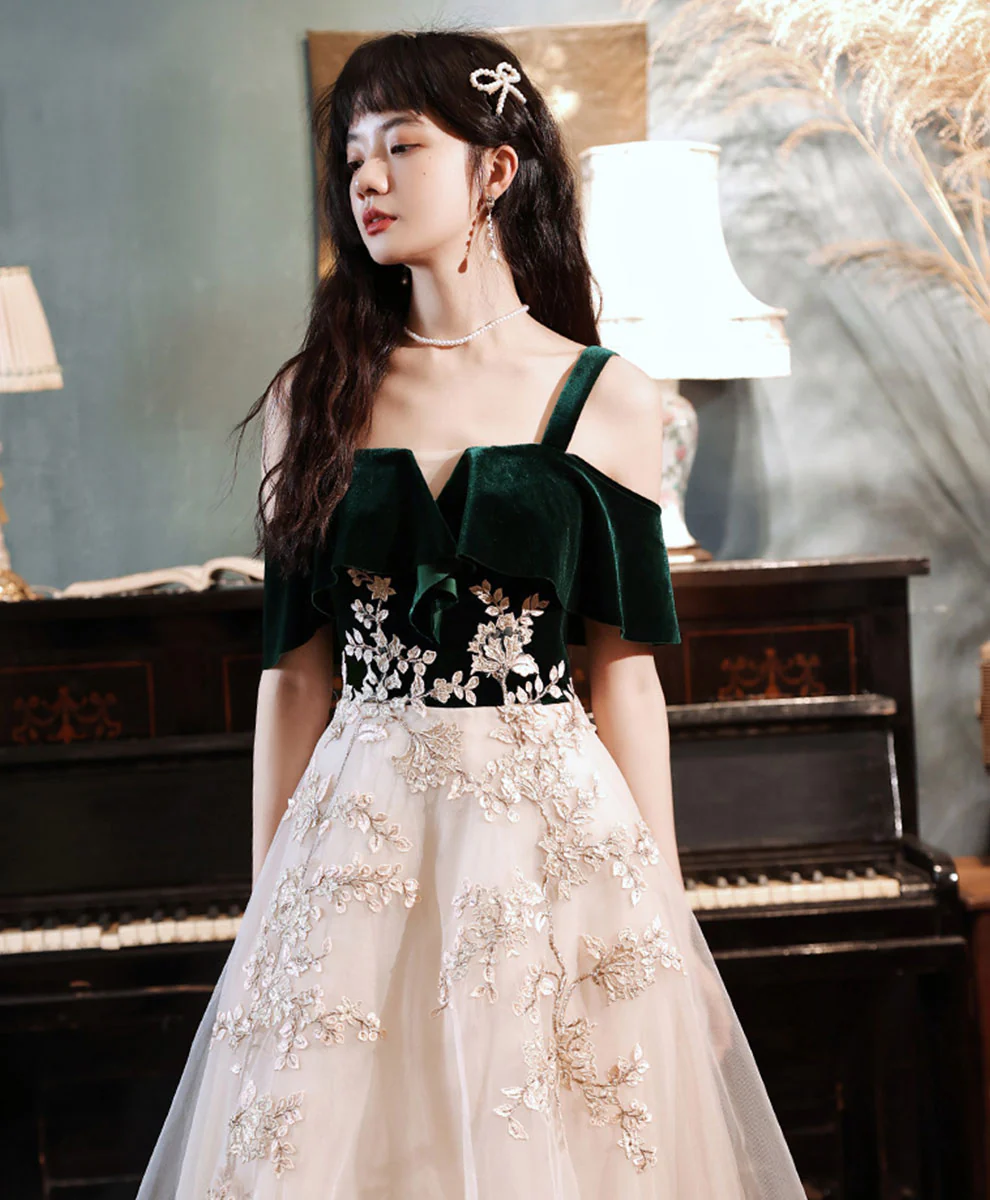 A line Green Tulle Lace Long Prom Dress, Green Formal Evening Party Dress - Deanwangkt