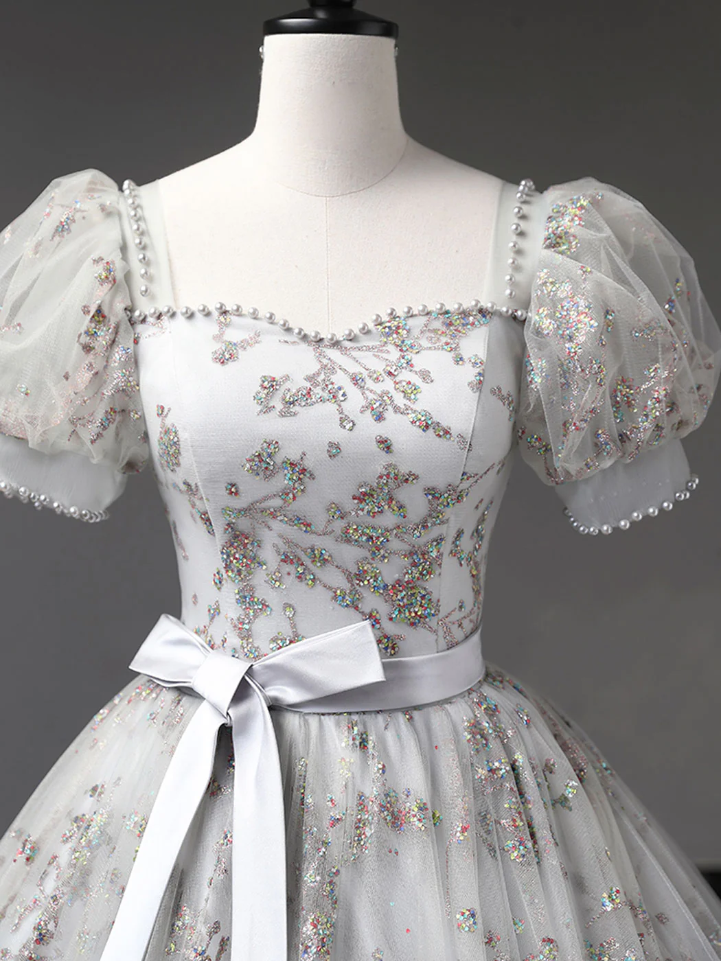 Gray A-Line Tulle Sequin Long Prom Dress, Gray Tulle Sweet 16 Dresses - Deanwangkt