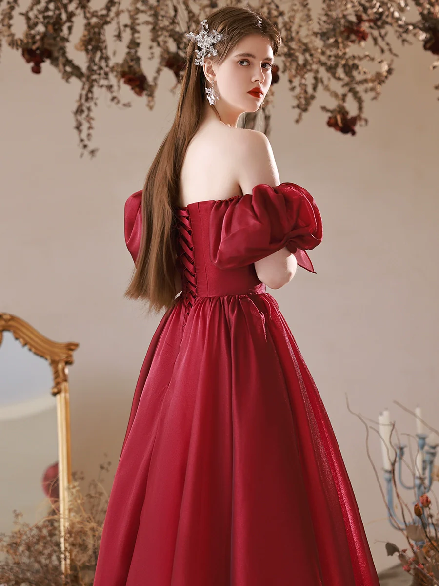 A-Line Burgundy Tulle Long Prom Dress, Burgundy Formal Dress - Deanwangkt