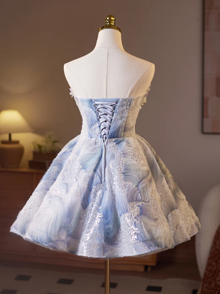 A-Line  Sweetheart Neck Flower Blue Short Prom Dress, Blue Homecoming Dress - Deanwangkt