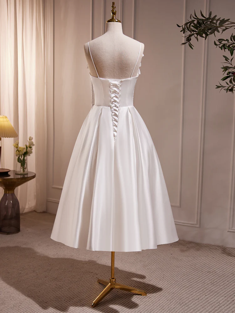 White V Neck Satin Tea Length Prom Dress, White Formal Dress With Beading - Deanwangkt