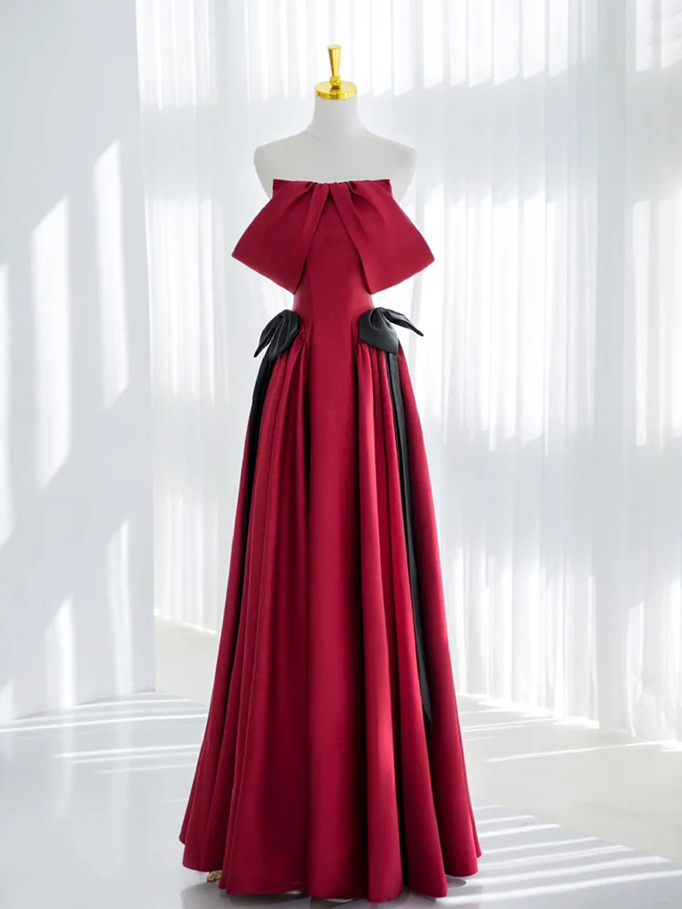 A-Line Satin Burgundy Long Prom Dress, Burgundy Long Formal Dress - Deanwangkt