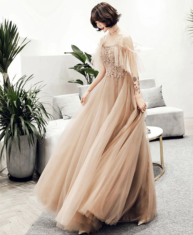 Champagne Tulle Lace Long Prom Dress, Champagne Evening Dress - Deanwangkt