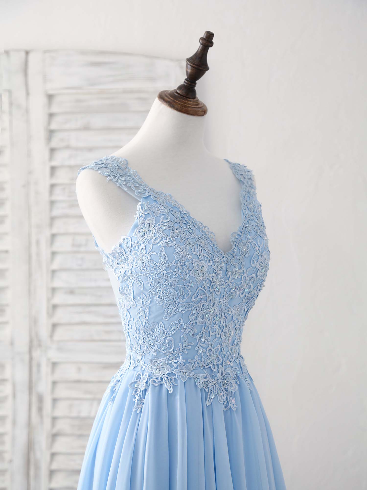 Blue V Neck Applique Chiffon Long Prom Dress Lace Bridesmaid Dress - Deanwangkt
