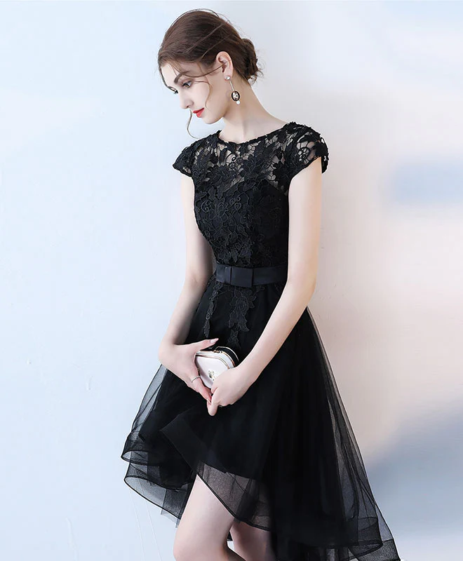 Black Lace Short Prom Dress, Hight Low Evening Dress - Deanwangkt