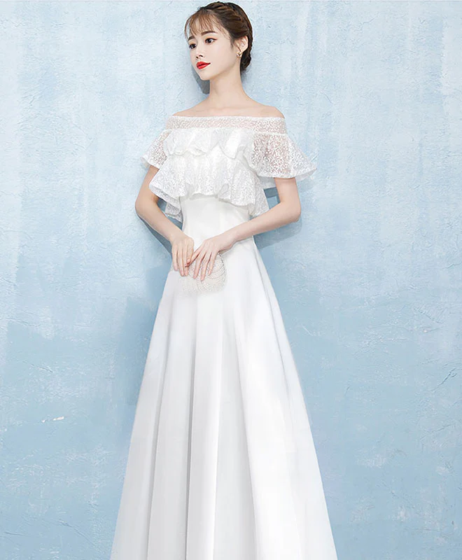White A-Line Lace Satin Long Prom Dress, White Evening Dress - Deanwangkt