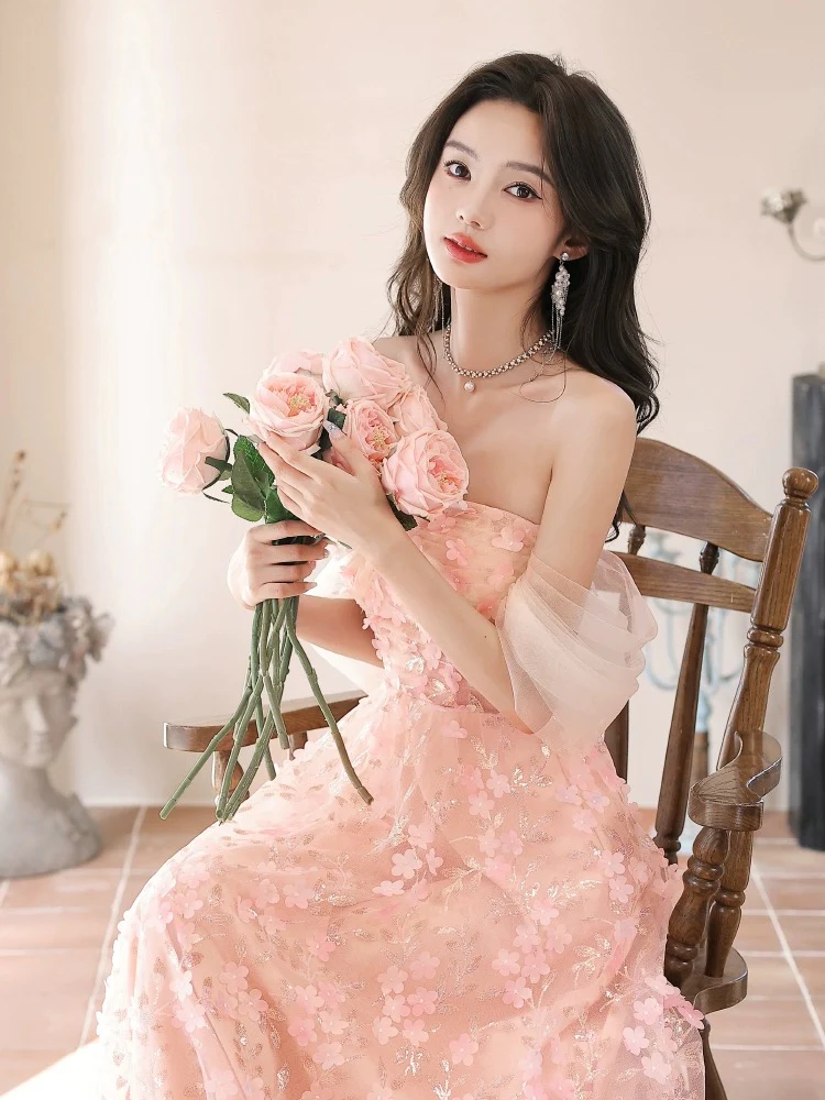 A-Line Off Shoulder Pink Long Prom Dress, Pink Long Graduation Dress - Deanwangkt