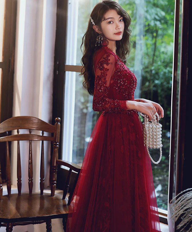 Burgundy V Neck Tulle Lace Long Prom Dress Burgundy Lace Evening Dress - Deanwangkt