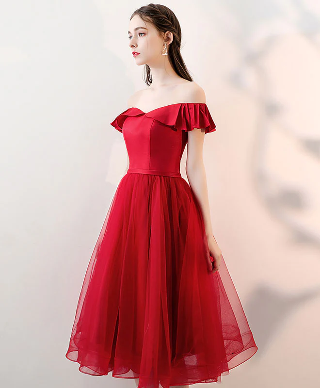 Aline Red Satin/Tulle Short Prom Dresses, Red Formal Homecoming Dresses - Deanwangkt