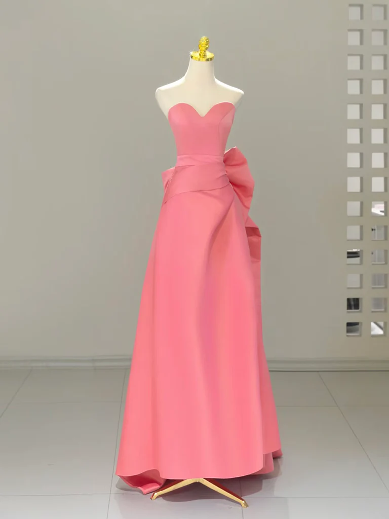 A-Line Sweetheart Neck Satin Pink Long Prom Dress, Pink Long Formal Dress - Deanwangkt