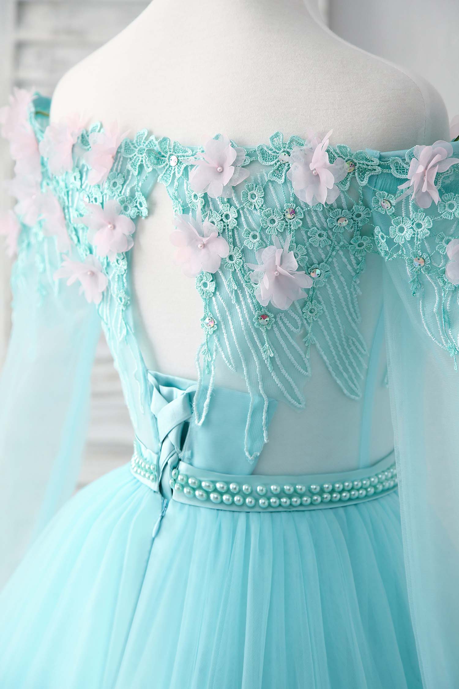 Unique Tulle Lace Applique Long Prom Dress, Green Evening Dress - Deanwangkt