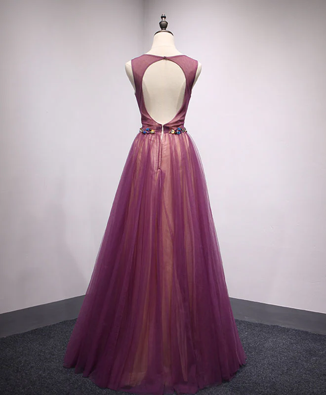 Simple Round Neck Tulle Long Prom Dress, Formal Dress - Deanwangkt