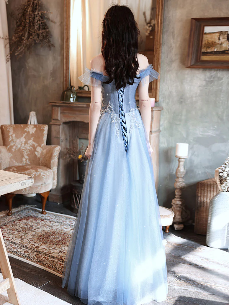 Blue Off Shoulder Tulle Long Prom Dress, Blue Tulle Formal Dress With Beading - Deanwangkt