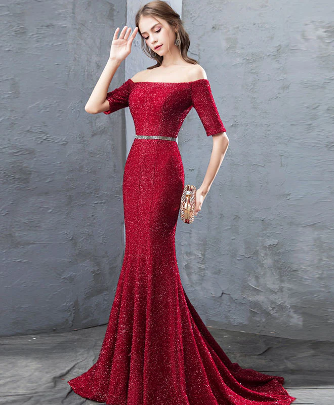 Unique Burgundy Mermaid Long Prom Dress, Burgundy Evening Dress - Deanwangkt