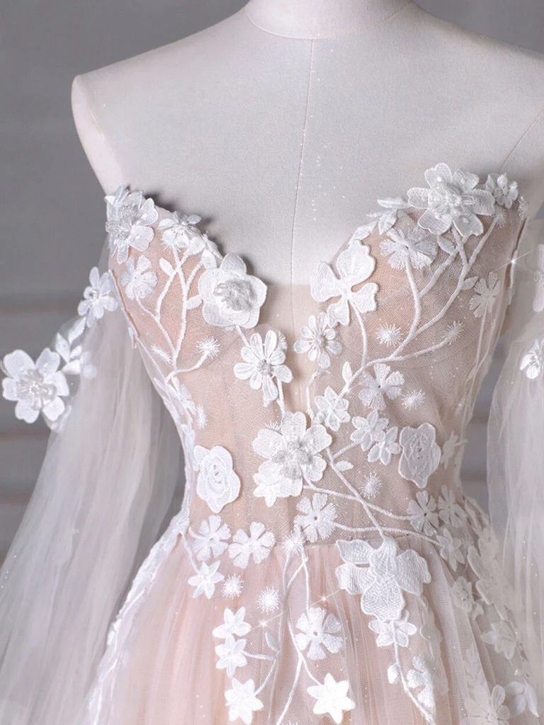 A-Line Sweetheart Neck Long Sleeve Lace Tulle Light Champagne Long Prom Dress - Deanwangkt