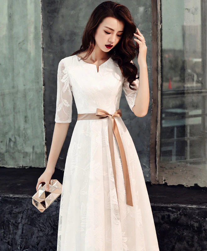 White Lace Tea Length Prom Dress White Lace Bridesmaid Dress - Deanwangkt
