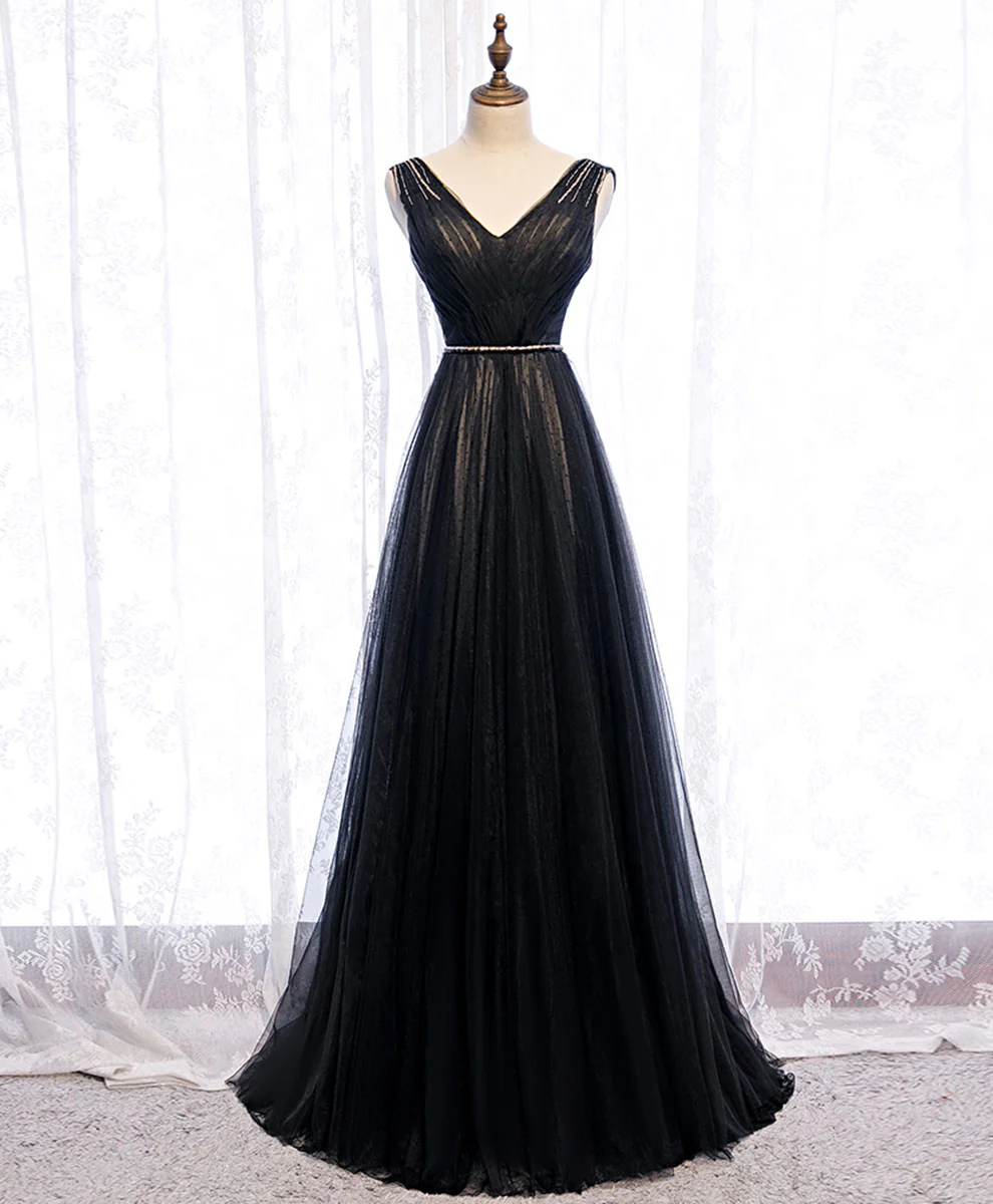 Black V Neck Tulle Lace Long Prom Dress Black Evening Dress - Deanwangkt