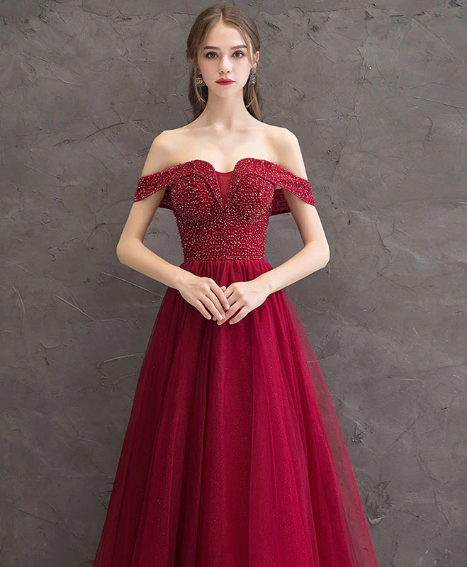 Burgundy Tulle Off Shoulder Long Prom Dress Burgundy Evening Dress - Deanwangkt