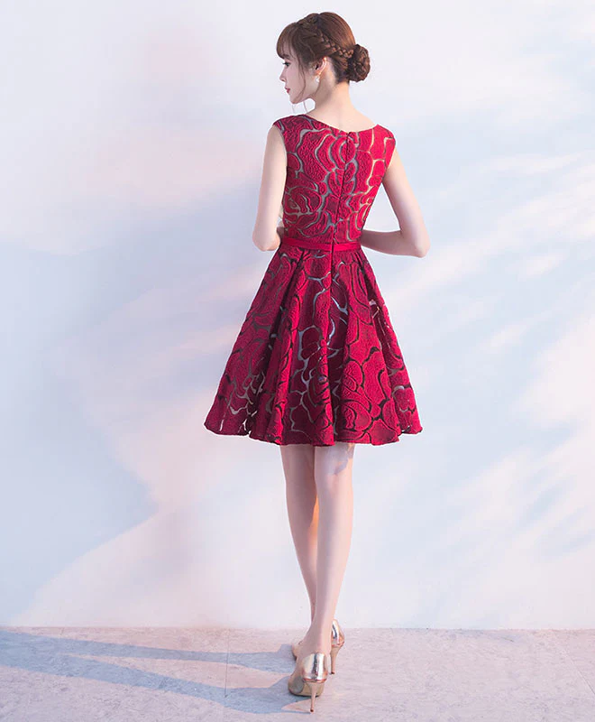 Burgundy Lace Short Prom Dress, Lace Bridesmaid Dress - Deanwangkt