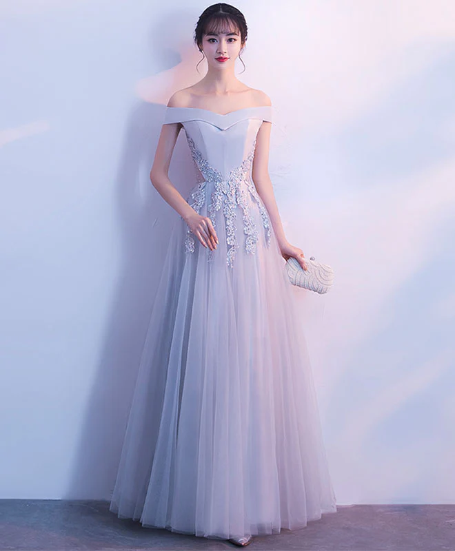 Gray Tulle Lace Off Shoulder Long Prom Dress, Evening Dress - Deanwangkt