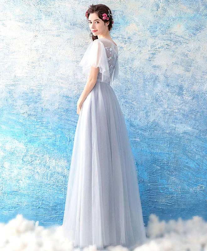 Gray Tulle Ace Long Prom Dress, Gray Evening Dress - Deanwangkt