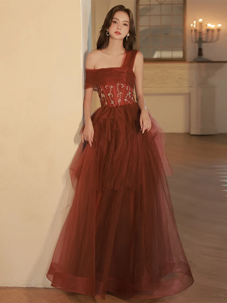 A Line One Shoulder Tulle Long Burgundy Prom Dresses, Burgundy Formal Graduation Dress With Sequin Beading - Deanwangkt